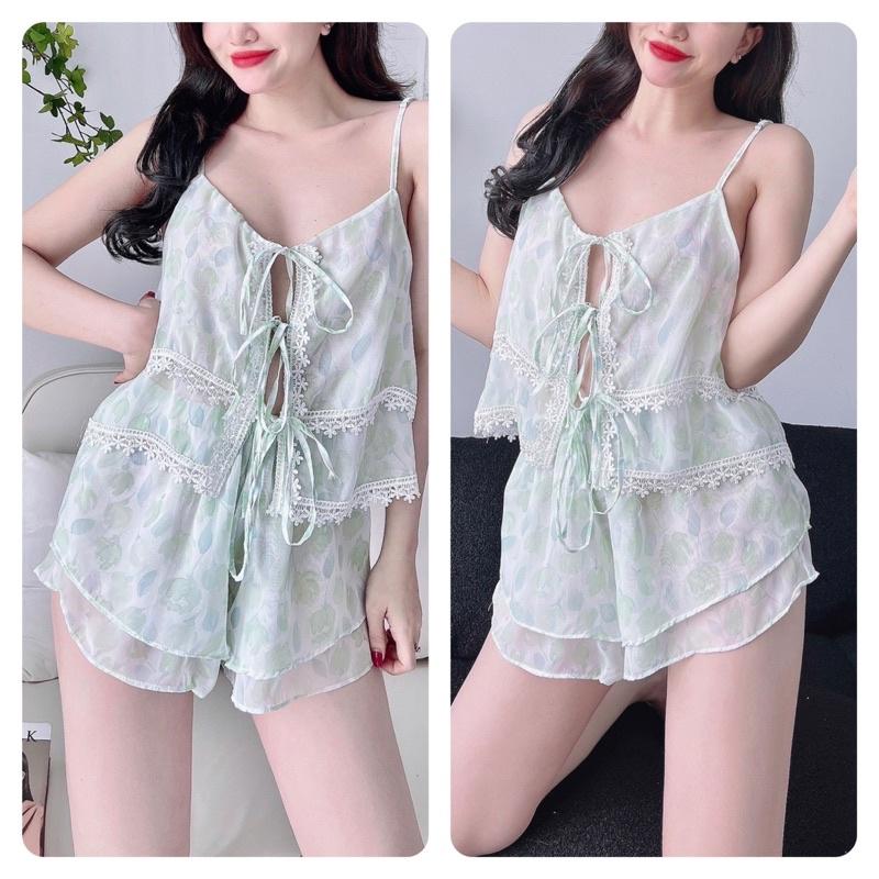 TRUCMY SHOP - Đồ Bộ Nữ, Bộ Đồ Ngủ 2 Dây Sexy Voan Tơ, Freesize 40-65kg, tuỳ chiều cao