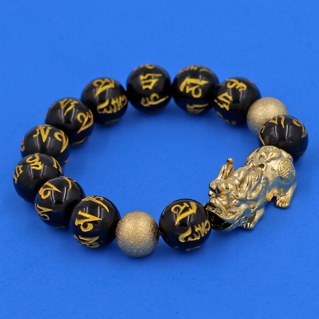 Vòng chuỗi đeo tay đá thạch anh đen khắc lục tự chân ngôn mạ vàng 14 ly  charm tỳ hưu và bi inox vàng, vòng tay chuỗi hạt