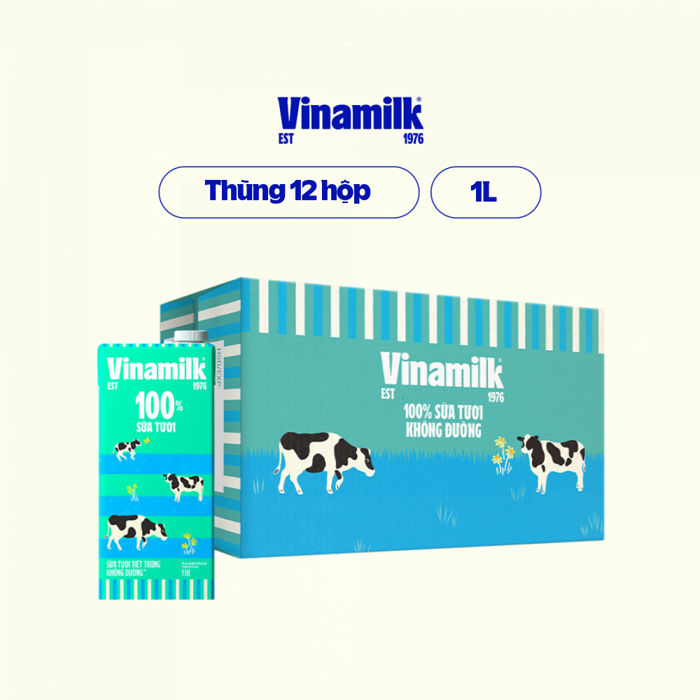 THÙNG 12 HỘP SỮA TƯƠI TIỆT TRÙNG VINAMILK 100% KHÔNG ĐƯỜNG 1L