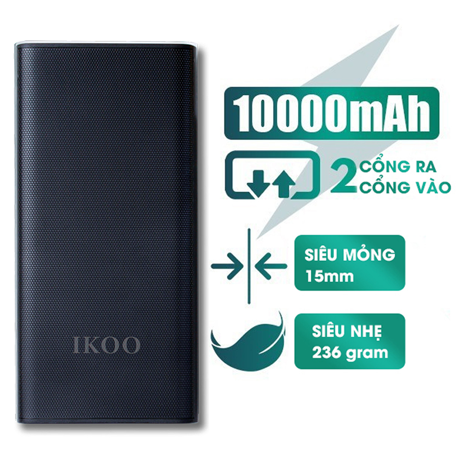 Pin Sạc Dự Phòng IKOO WK-155 Dung Lượng 10.000 mAh - Tích Hợp 2 Cổng Sạc USB - Hàng Nhập Khẩu