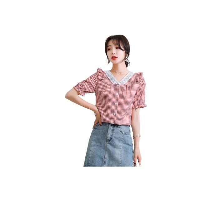 Áo caro viền ren cao cấp cho bạn nữ duyên dáng  - tnt2