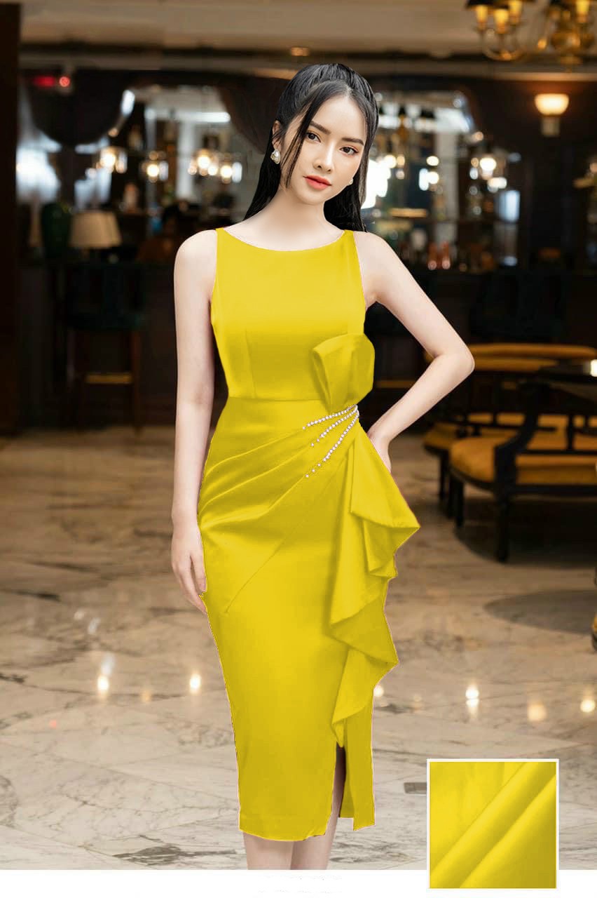 Đầm Ôm Cổ Thuyền Sát Nách Tung Cườm, Bèo Bụng, Nơ Eo