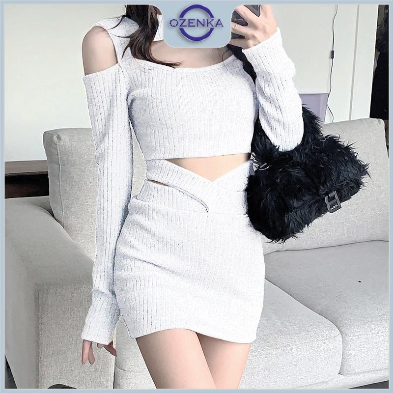 Set áo croptop trễ vai chân váy ngắn ôm Ozenka , ao crt tay dài kèm chân váy ôm body vải gân cotton dày đẹp đen trắng