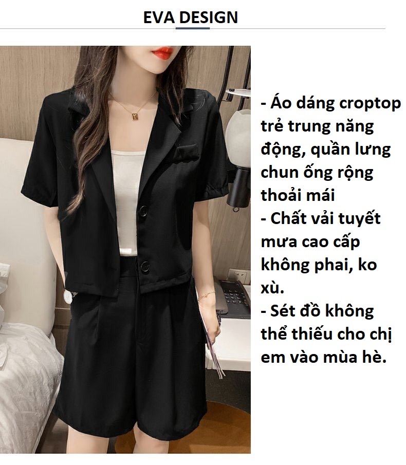 Set đồ nữ bao gồm áo khoác vest 1 lớp nữ ngắn dáng croptop và quần short lưng chun ống rộng thoải mái form cực đẹp cá tính sang chảnh đi chơi dạo phố vào mùa hè màu đen chất tuyết mưa cao cấp