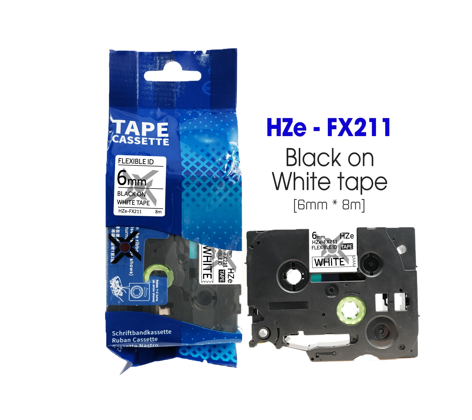 Nhãn in siêu dẻo HZe-FX211, khổ 6mm x 8m, chữ đen nền trắng, dùng cho máy in nhãn Brother