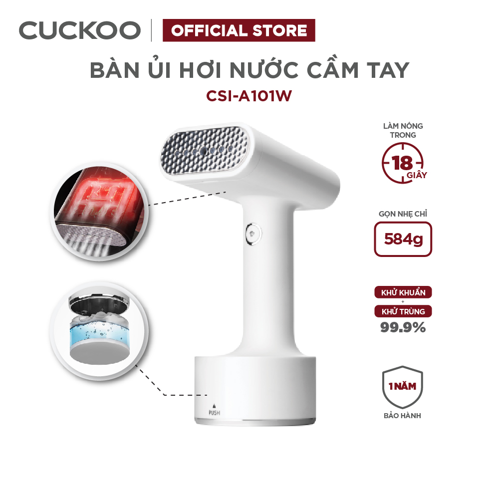 Bàn ủi hơi nước cầm tay Cuckoo CSI-A101 - 1500W khử khuẩn có đầu chải vải, trọng lượng siêu nhẹ - Hàng chính hãng