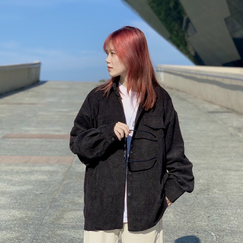Sơ mi ulzzang áo sơ mi nữ áo kiểu dáng Hàn Quốc sơ mi nhung rộng, Áo Sơ mi Nam Nữ Unisex vải Nhung Gân áo khoác sơ mi form rộng ảnh thật