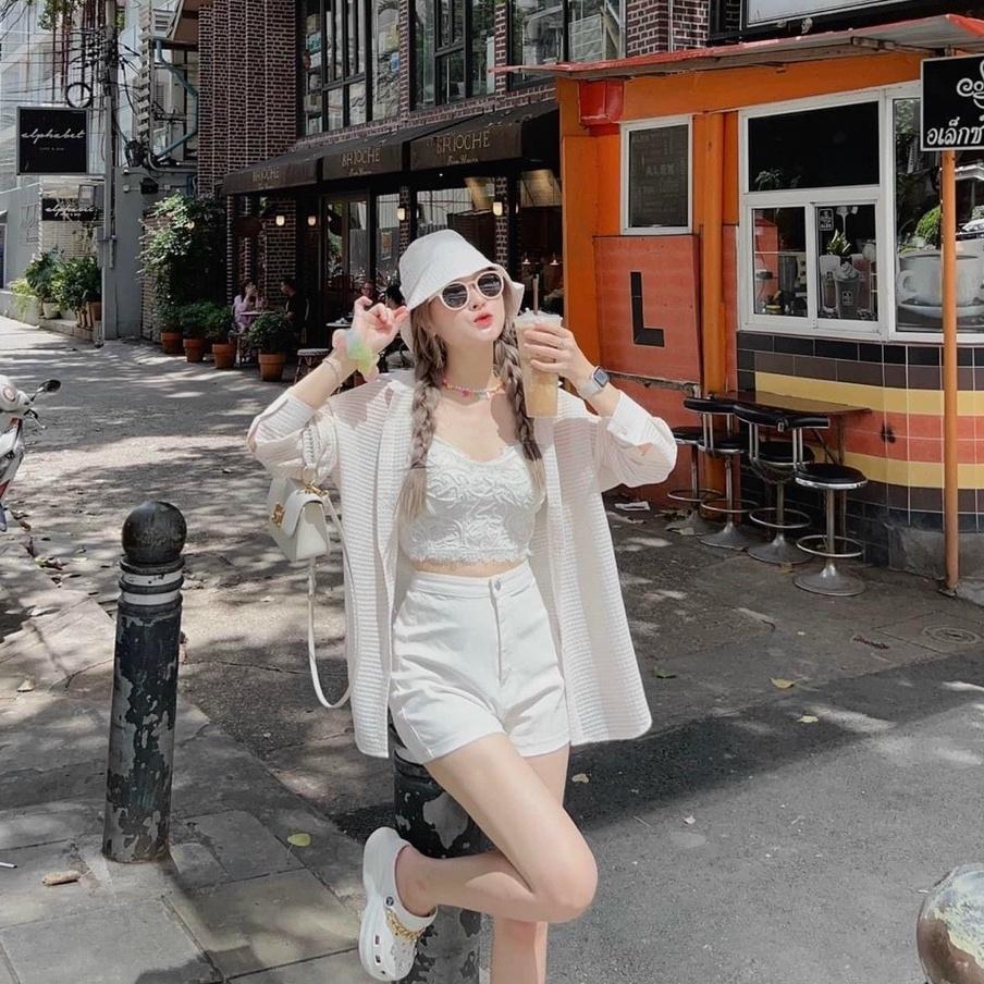 Sét 3 món áo sơmi phom dài + áo bra ren và quần sooc ngắn