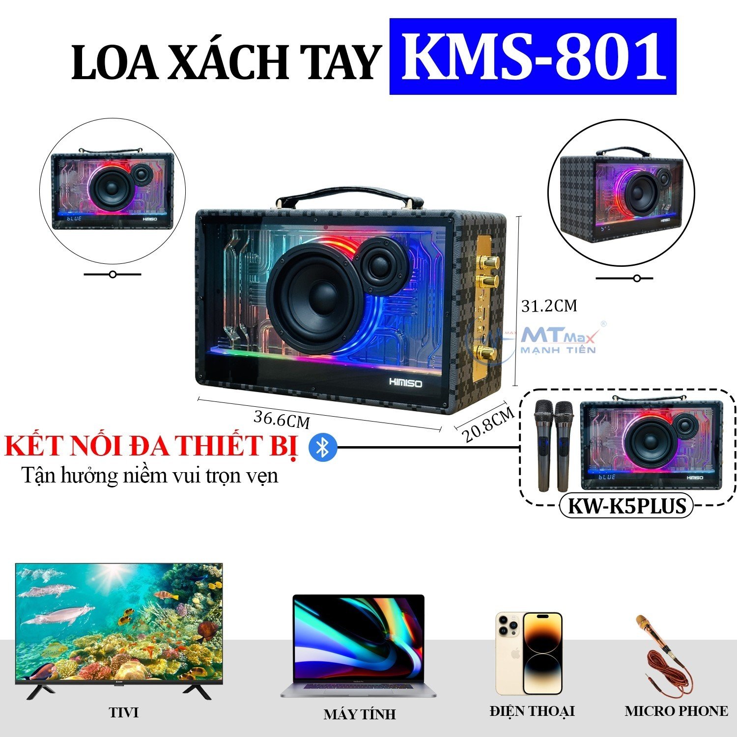 Loa Xách Tay Kimiso KMS 801 - Âm Thanh Căng Chắc Mạnh Mẽ Chân Thực Sắc Nét Đèn Led RGB Độc Đáo Nháy Theo Nhạc Kết Nối Bluetooth Dễ Dàng, Tặng Kèm 2 Micro Karaoke Sạc Pin Qua Cổng Type-C hàng chính hãng