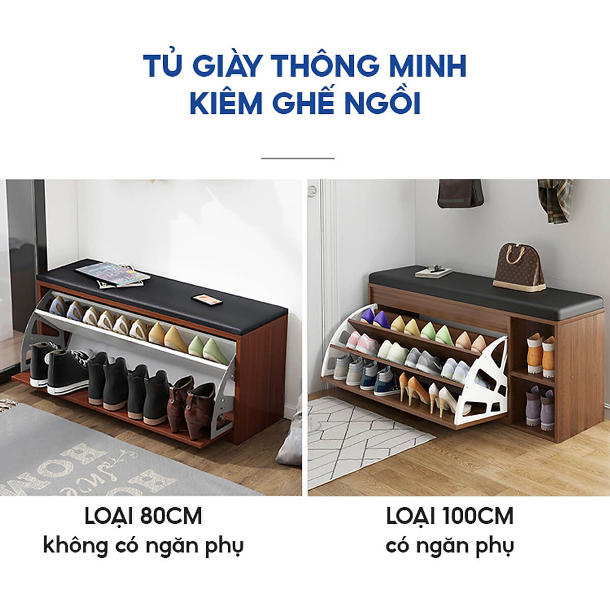 Tủ Giày Gỗ 100cm MDF Phủ Melamine Chống Ẩm Cánh Lật Siêu Gọn 3 Ngăn Kèm Ghế Đệm Da