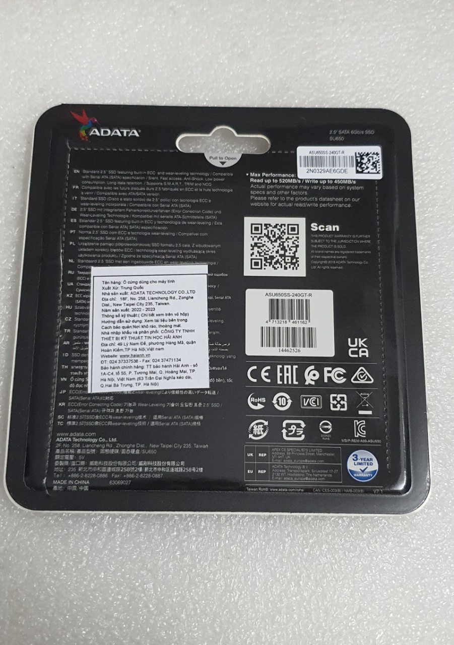 Ổ cứng laptop dung lượng 240GB 2.5inch Adata SU650 - hàng chính hãng