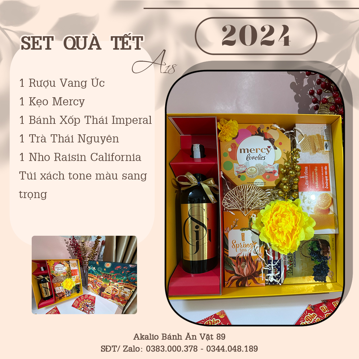 Set Hộp Quà Tết Lục Hợp Đồng Xuân Sang Trọng Thích Hợp Để Biếu Tặng Dịp Năm Mới Có Vang Đỏ, Trà, Bánh Kẹo Đủ Đầy, Ý Nghĩa
