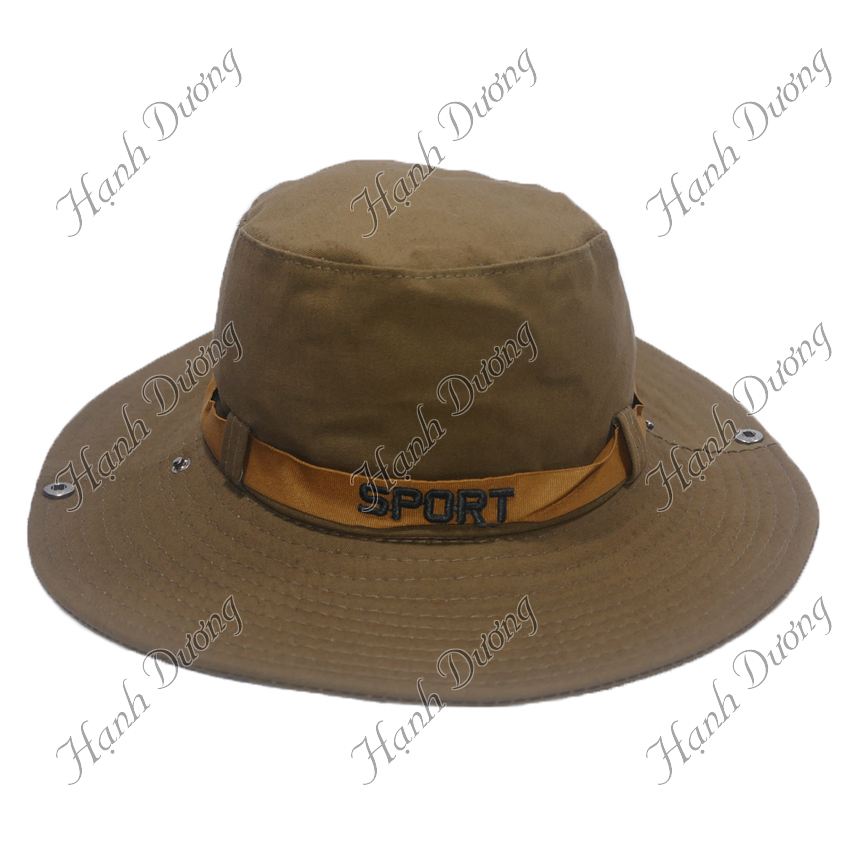 Mũ rộng vành nam thiết kế tai bèo chống nắng tốt có dây đai thêu chữ Sport, vành nón rộng 8.5cm, may vải kaki 2 lớp chống nóng - Hạnh Dương