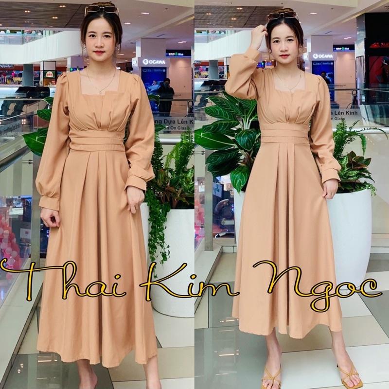 Đầm dự tiệc maxi cổ xếp li dài tay