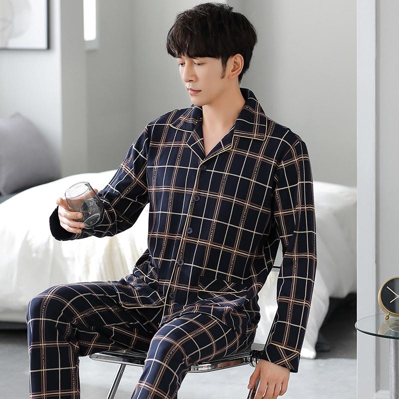 2504- Bộ Pijama nam dài tay cao cấp, chất cotton 100% mềm - thoáng, họa tiết kẻ caro nam tính khỏe khoắn, size L-3XL