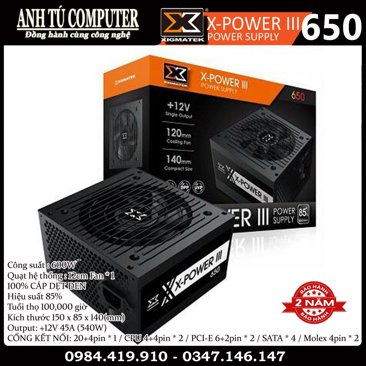 Nguồn máy tính công xuất thực 600W XIGMATEK X-POWER III 650 EN45990 hàng chính hãng