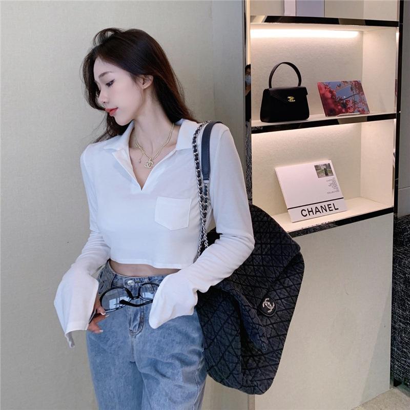 Áo Croptop Nữ Dài Tay Cổ Bẻ Túi Ngực Trơn
