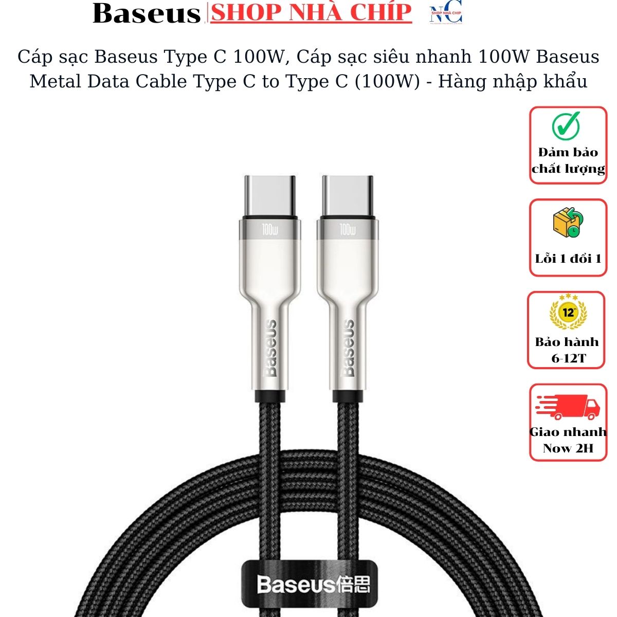 Cáp Sạc Baseus Type C 100W, Cáp Sạc Siêu Nhanh 100W Baseus Metal Data Cable Type C To Type C 100W - Hàng Nhập Khẩu - Đen - 2M