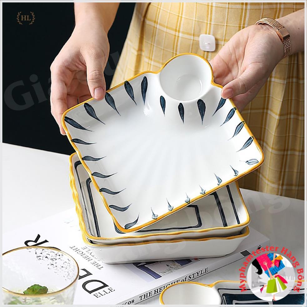 Đĩa Vuông Có Ngăn Chấm Nhật Bản | Đĩa sứ vuông cao cấp 2022 có chia ngăn đựng gia vị Phong Cách Decor Retro