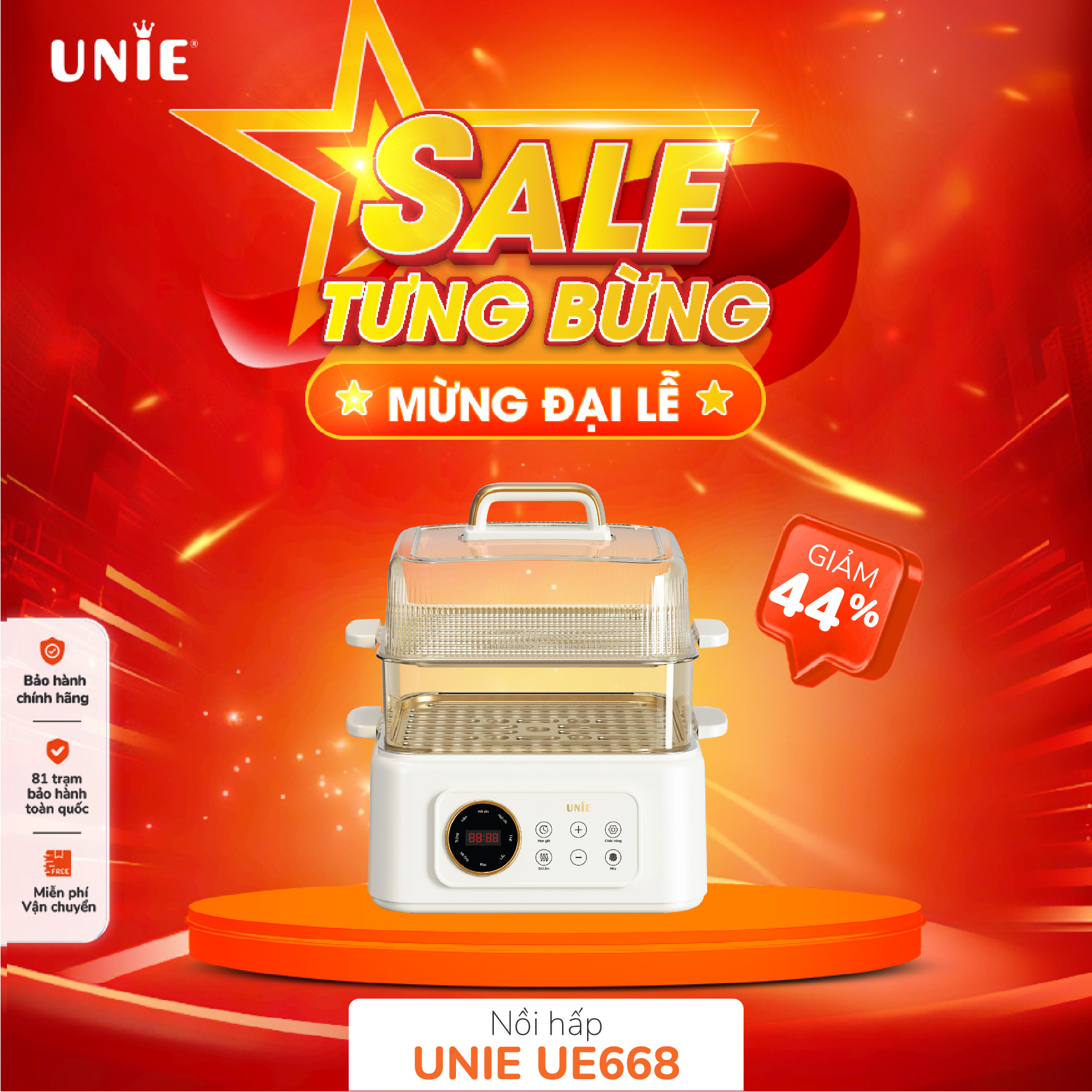Nồi lẩu, hấp đa năng UNIE UE668, 8 chức năng, dung tích 10L, 2 tầng hấp, hấp gà nguyên con, hấp bên trên nấu bên dưới, Hàng chính hãng bảo hành 12 tháng