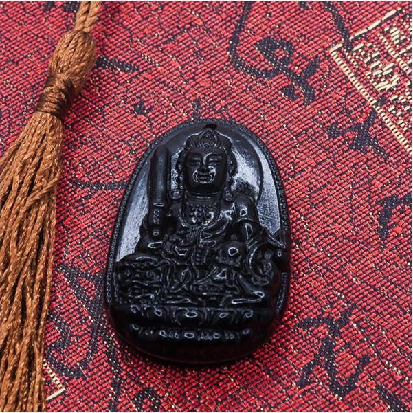 Mặt dây chuyền Văn Thù Bồ Tát Bồ Tát đá Obsidian tự nhiên - Phật Độ Mạng cho người tuổi Mão - PBMOBS03 (Mặt kèm sẵn dây đeo)