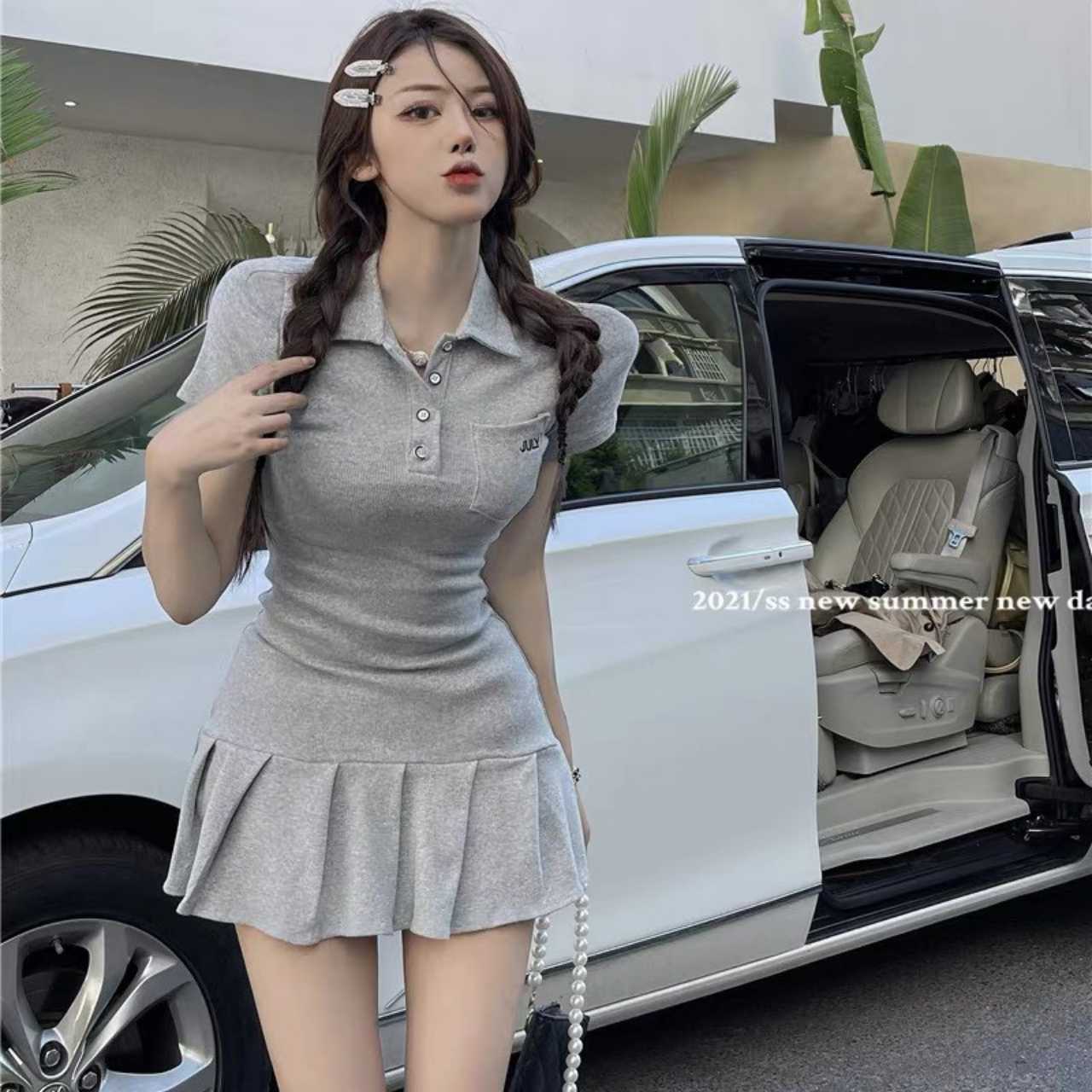 Đầm Body Cổ Polo Xếp Li Ngắn Tay Phối Túi Phong Cách Hàn Quốc