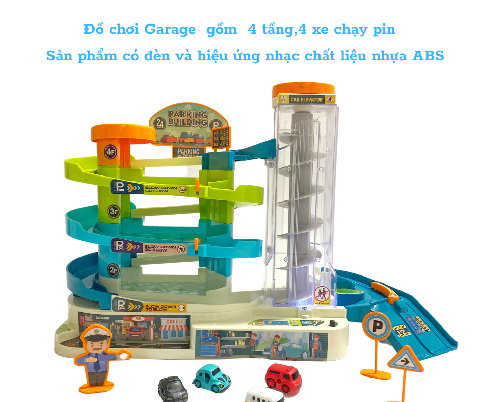 Đồ chơi mô hình garage bãi xe thông minh, đồ chơi cho bé, đồ chơi chạy pin gồm 4 xe ô tô