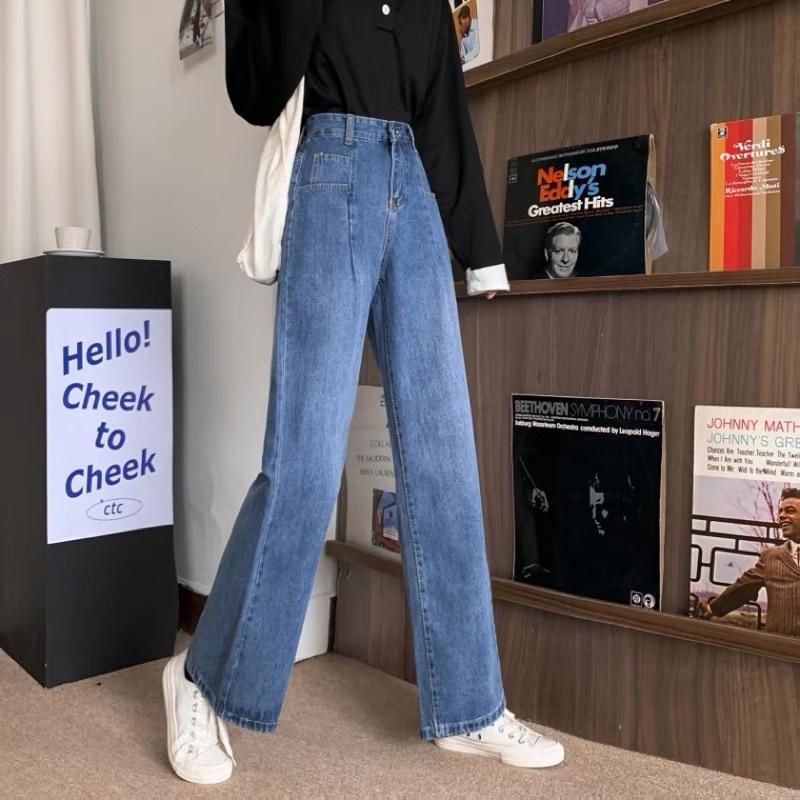Quần Jeans Ống Suông Rộng Cạp Cao Nhiều Túi Hàng Quảng Châu Chất Dày Đẹp