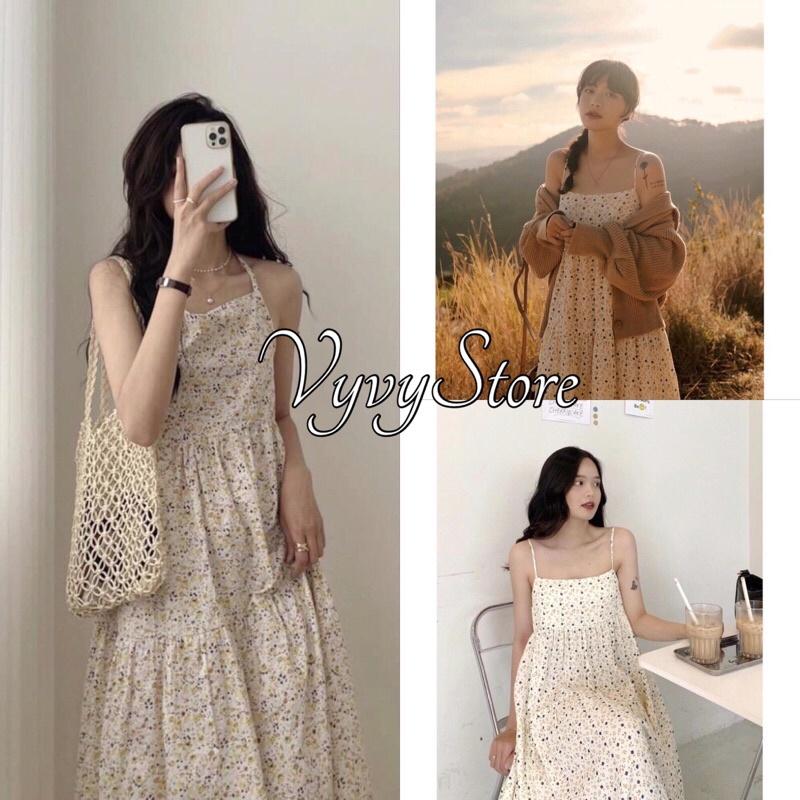 Váy 2 Dây Hoa Nhí Vàng Nữ, Đầm Bánh Bèo Dáng Suông, Váy Hoa Vintage Màu VÀNG