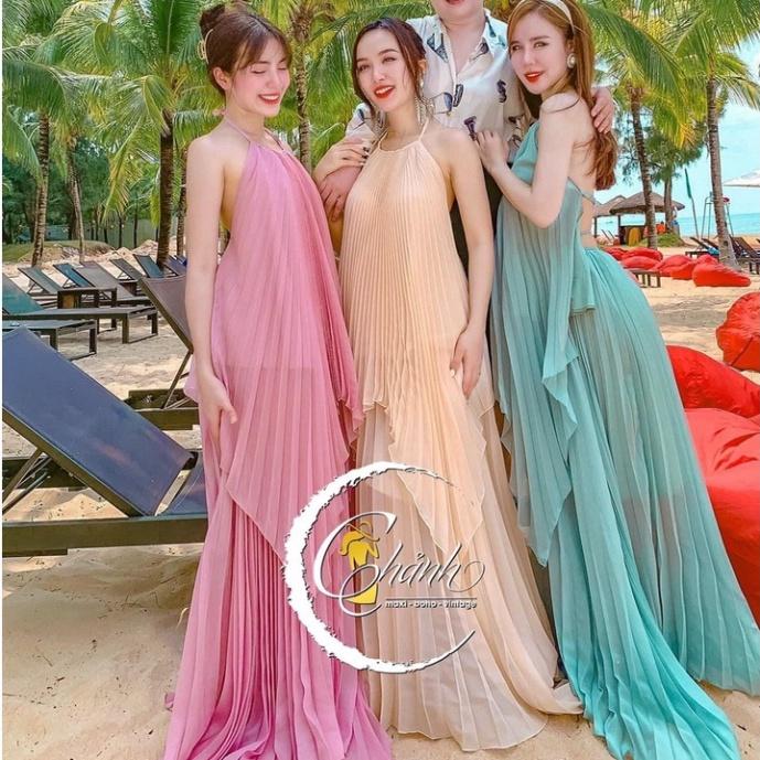 Set đầm váy maxi voan tơ dập ly lót lụa mút ngực hồng nude da vàng Ivy.fashion đi biển dự tiệc dạo phố bigsize gợi cả