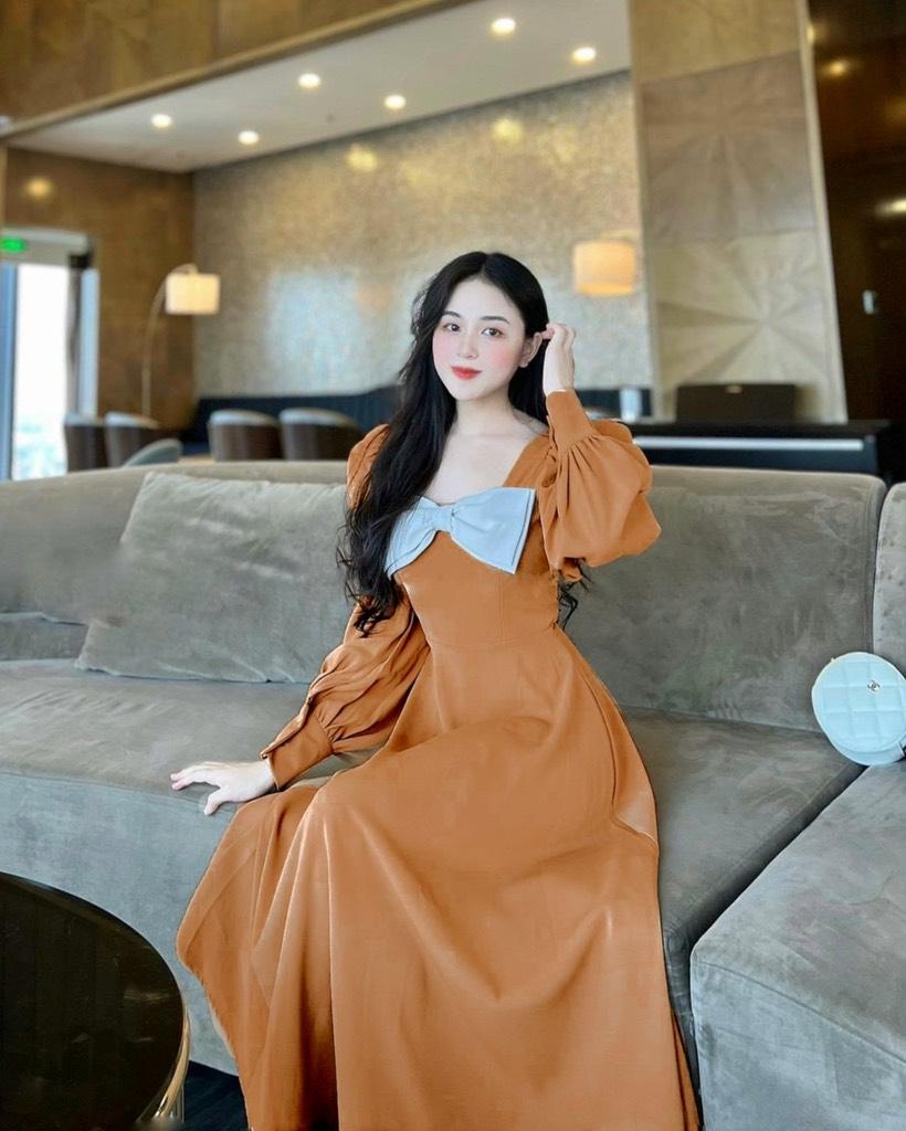 ĐẦM MIDI TAY DÀI PHỐI NƠ NGỰC
