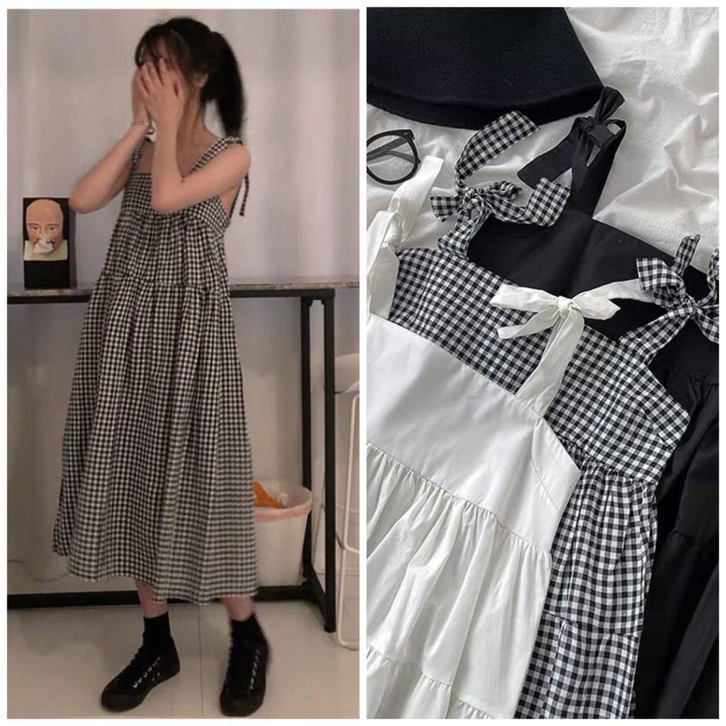 ĐẦM 2 DÂY CARO 3 MÀU TAY CỘT NƠ DÁNG XÒE DÀI