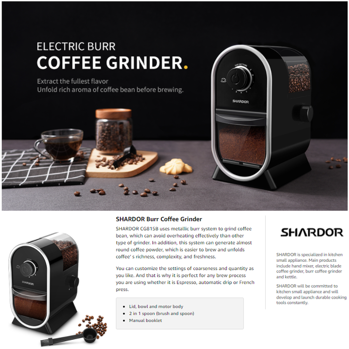 Máy xay hạt cà phê cao cấp Shardor CG815B, công suất 100W, lưỡi xay Burr - Hàng chính hãng, bảo hành 12 tháng