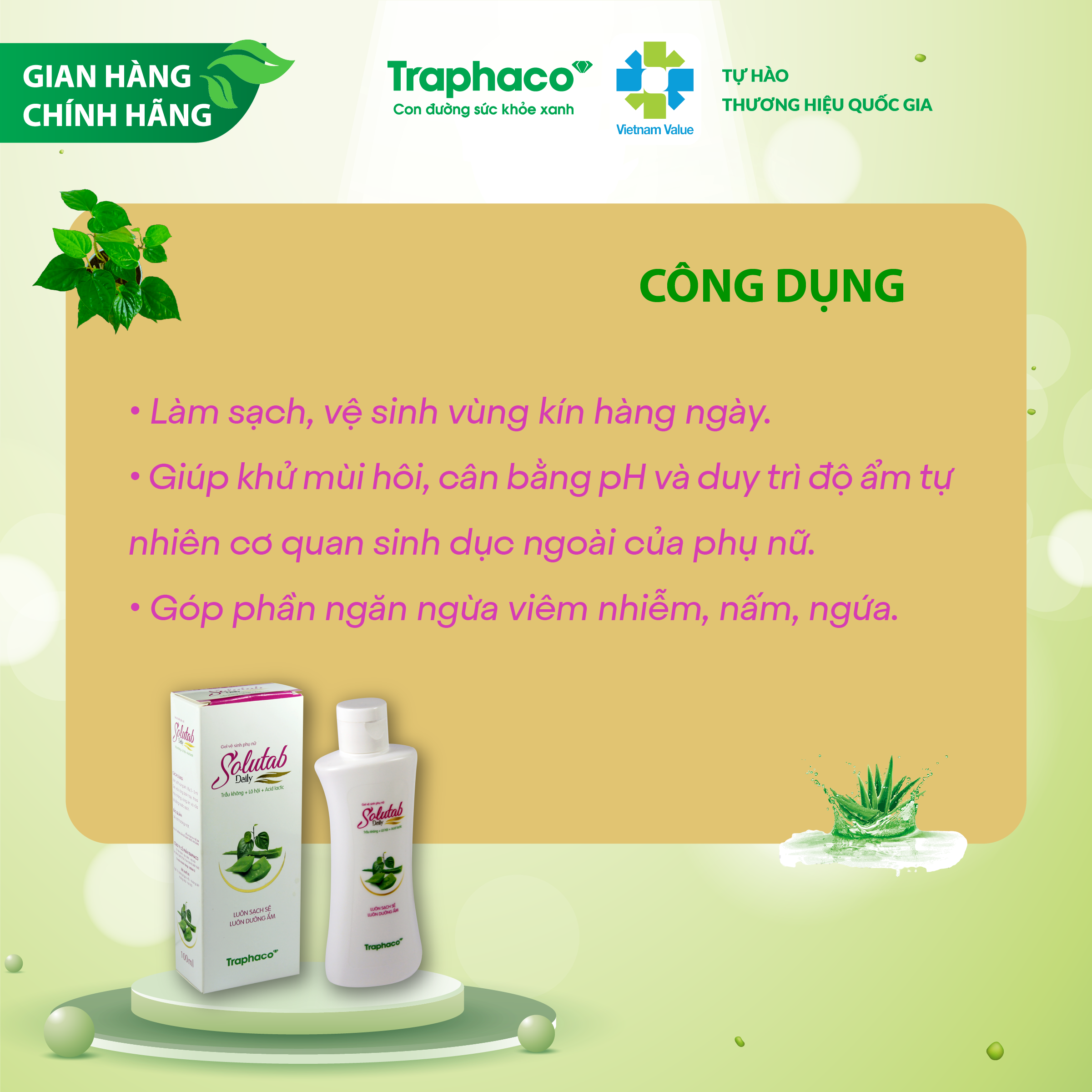 Dung Dịch Vệ Sinh Phụ Nữ SOLUTAB DAILY Traphaco Giúp Khử Mùi, Giảm Viêm Ngứa, Dưỡng Ẩm Mềm Mại, Sạch Thơm Cả Ngày 100ml