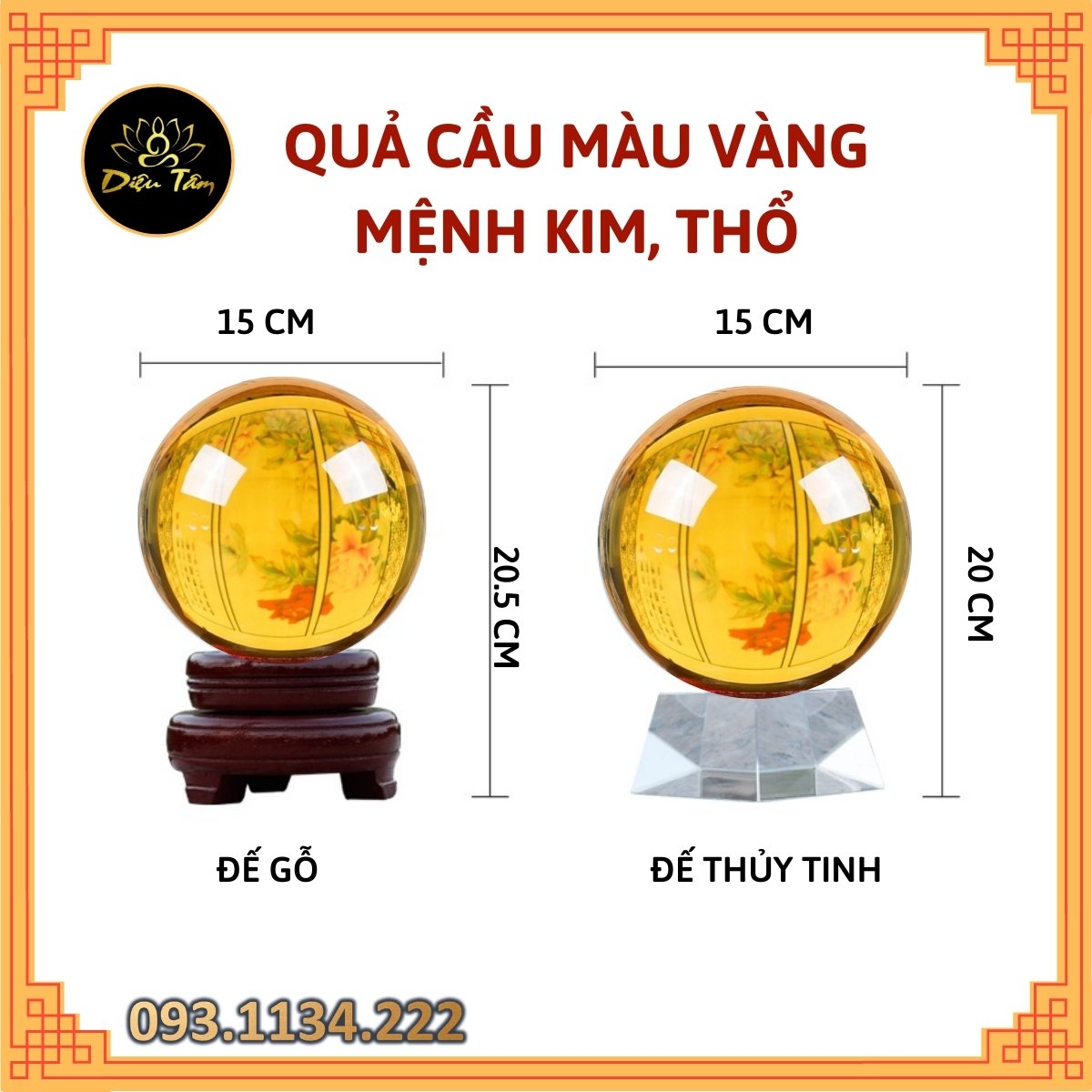 Quả cầu phong thủy pha lê màu vàng size to  15cm hợp mệnh Kim, mệnh Thổ đồ phong thủy trang trí