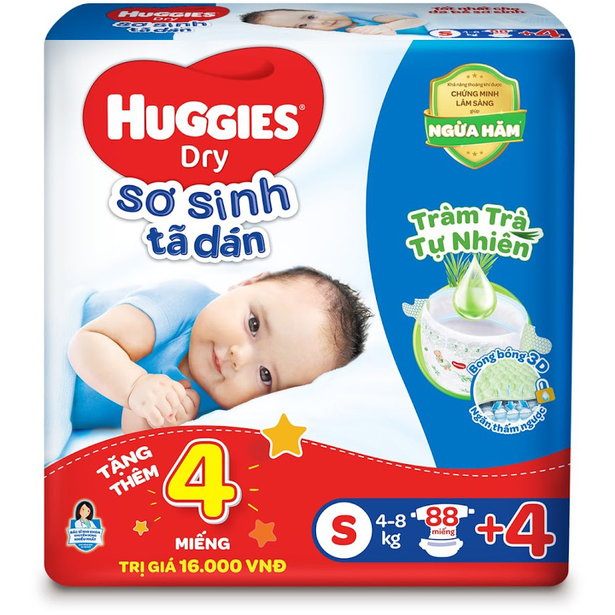 Combo 3 Tã dán sơ sinh Huggies mới (4kg-8kg) - Gói 88 miếng Tràm Trà + Tặng 4 miếng