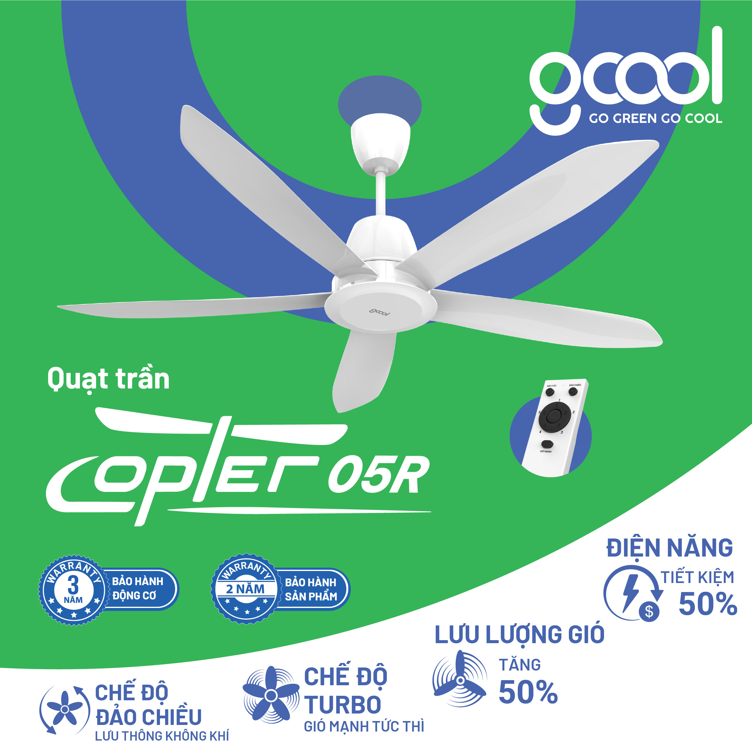 [GCool chính hãng] Quạt trần Copter 05 R