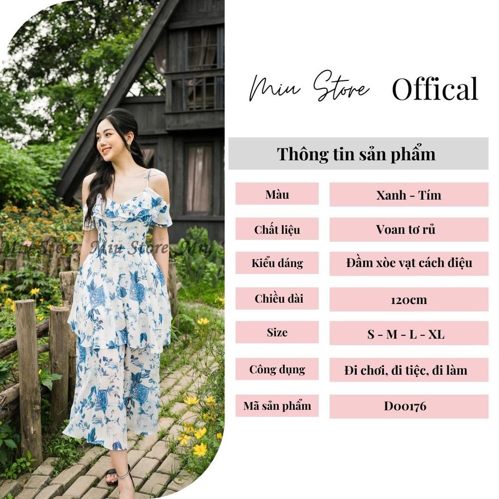 Đầm hai dây thiết kế bèo trễ vai phối hoa D00176