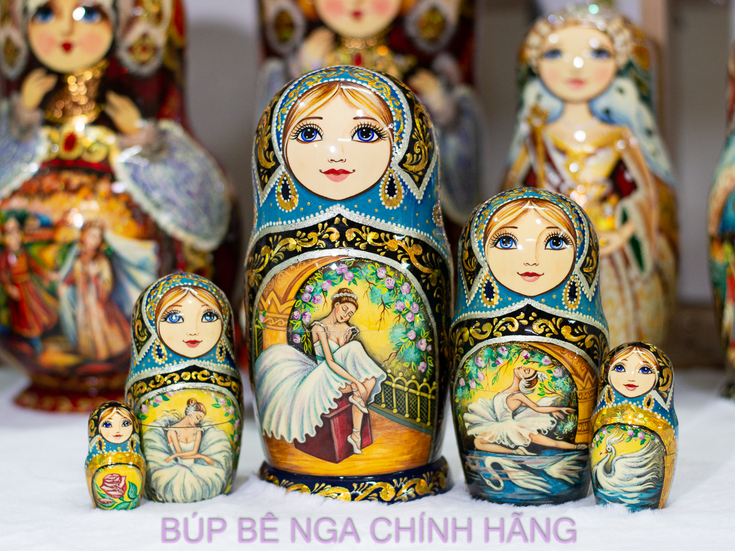 BỘ BÚP BÊ NGA MATRYOSHKA CAO CẤP 5 LỚP 18CM HOA VĂN "VỞ BALE HỒ THIÊN NGA" RẤT ĐẸP VÀ SANG TRỌNG