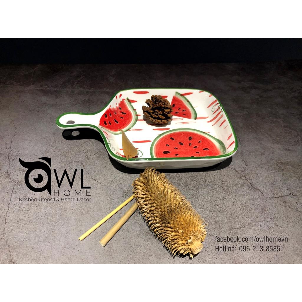 Thố vuông có tay cầm họa tiết trái cây banana/water melon ceramic