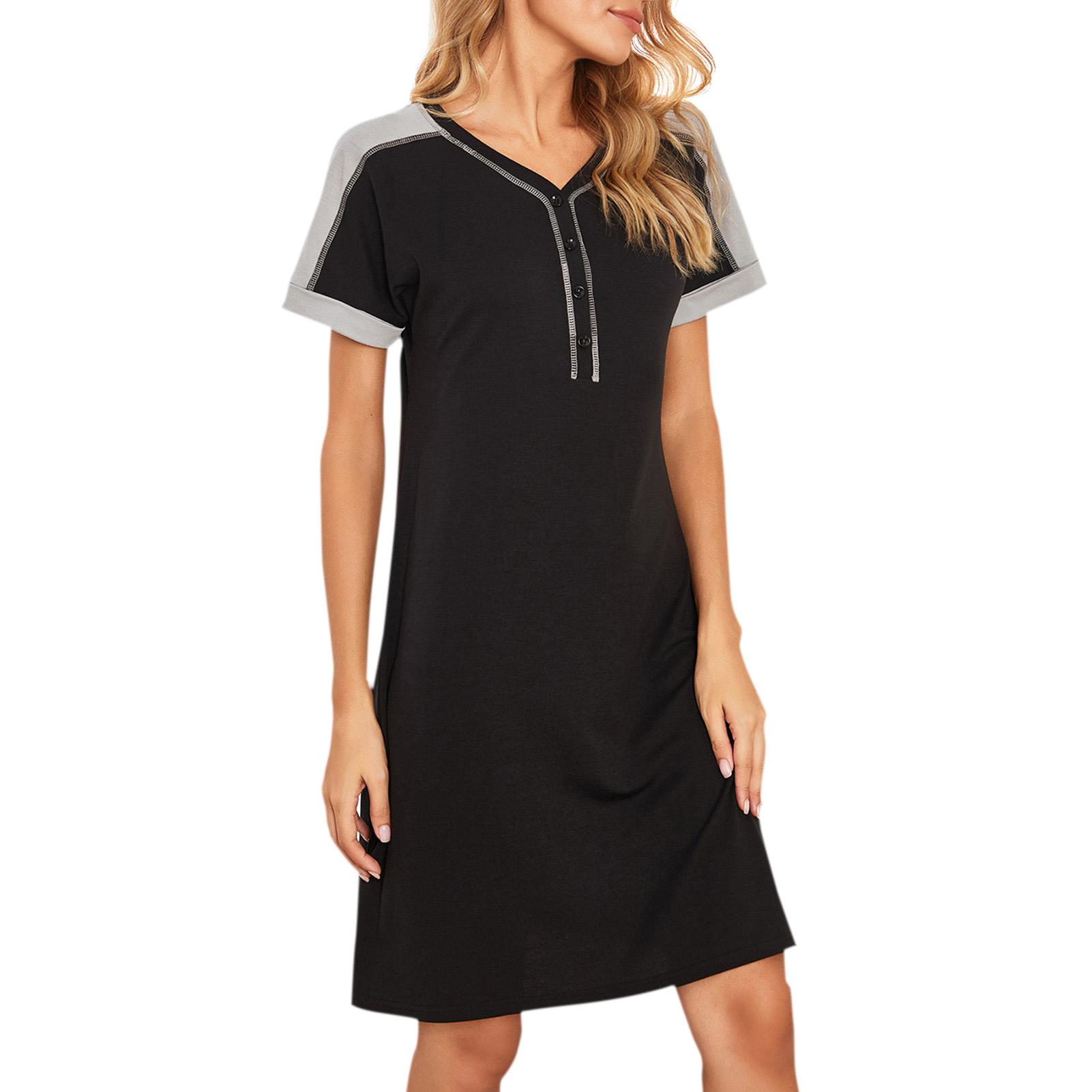 Women Pajamas Nightdress Splicing V Neck Short Sleeve Button Soft Comfortable Homewear Sleepwear