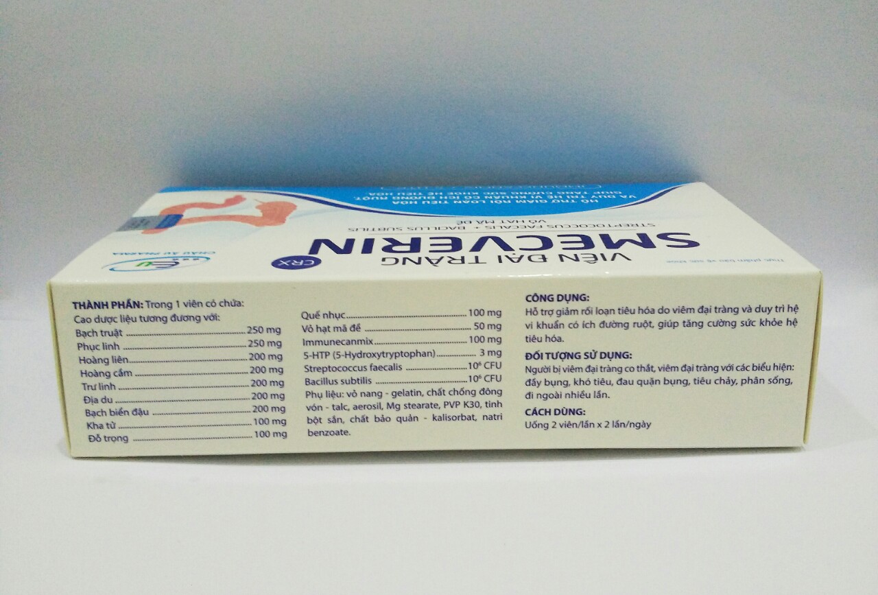 VIÊN ĐẠI TRÀNG SMECVERIN - HỖ TRỢ ĐIỀU TRỊ VIÊM ĐẠI TRÀNG CO THẮT - HỘI CHỨNG RUỘT KÍCH THÍCH - RỐI LOẠN TIÊU HÓA - NGĂN NGỪA TIÊU CHẢY, TÁO BÓN - HỘP 30 VIÊN