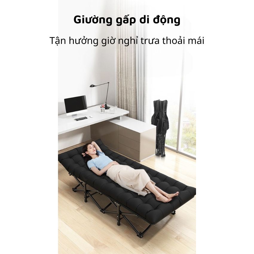 Giường Xếp Văn Phòng Ngủ Trưa màu Black, Giường Ngủ Gấp Gọn Kèm Đệm Bông Dày