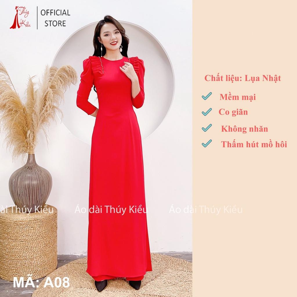 A08 Áo dài lụa Nhật tay bồng xếp ly đính ngọc màu đỏ
