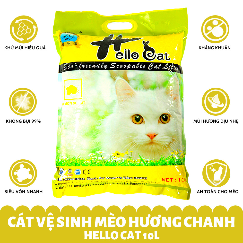 Cát Vệ Sinh Thái Lan Dành Cho Mèo Hương Chanh Không Bụi Vón Nhanh Mùi Hương Dịu Nhẹ Dễ Chịu Hello Cat Lemon Bentonite Sand (10L/7KG) - TẶNG 1 Lon Pate Hello Cat Pate Mùi Ngẫu Nhiên 190G