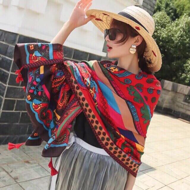 _Khăn Choàng Cổ Boho Vintage Cao Cấp Hoạ Tiết Đỏ Công