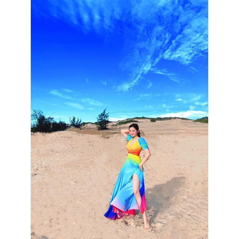 (miễn phí chỉnh váy) đầm maxi màu loang ombre cột nơ ngực xẻ tà đi biển du lịch chụp hình sống ảo cực sang giá rẻ