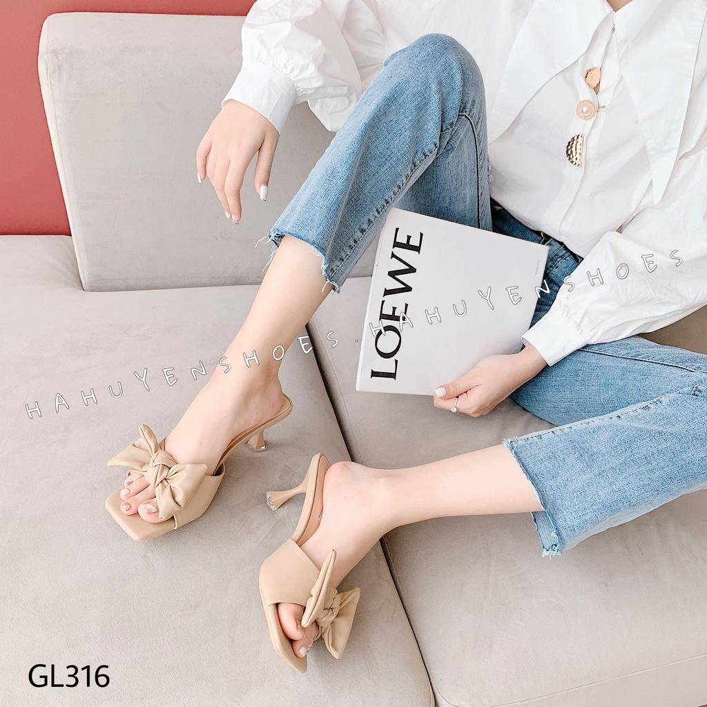 Guốc lê nữ Hà Huyền Shoes mũi vuông da nơ tai to gót nhọn 6 phân - GL316