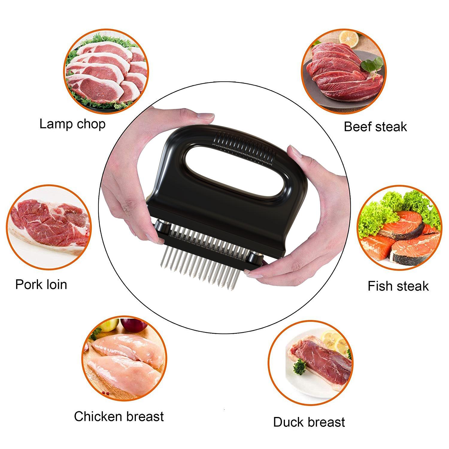 Máy làm mềm thịt, nướng, ướp, 48 lưỡi thép không gỉ, dành cho thịt bò, kèm bàn chải làm sạch, phụ kiện nướng bền