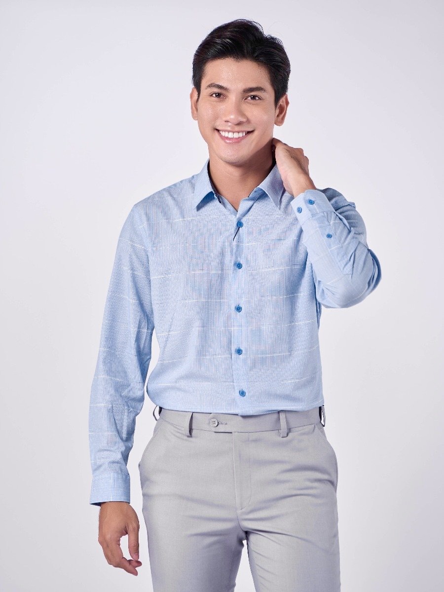 OWEN - Aó sơ mi dài tay Owen Slimfit chất sợi tre màu xanh nhạt in họa tiết 220842